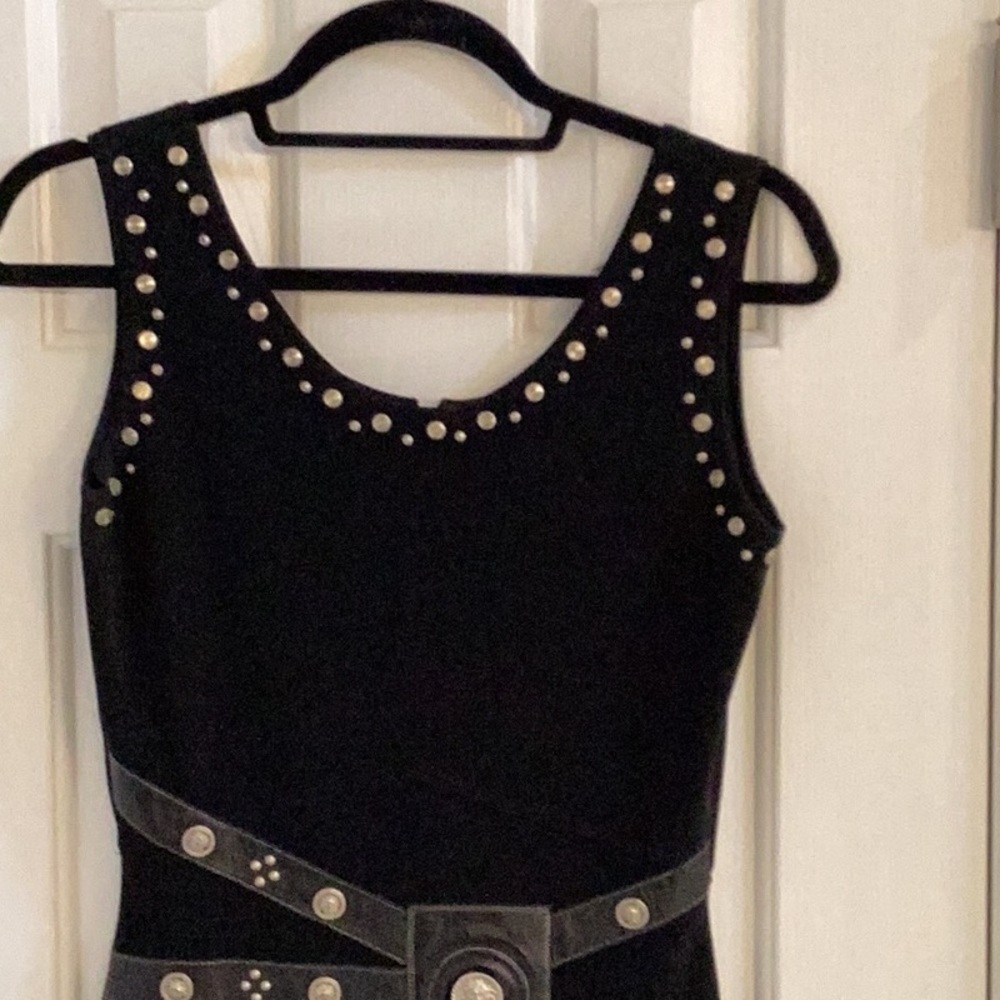 Andrea Isabella Black Vintage Dress w/ Leather & Silver Studs - Picture 2 of 11